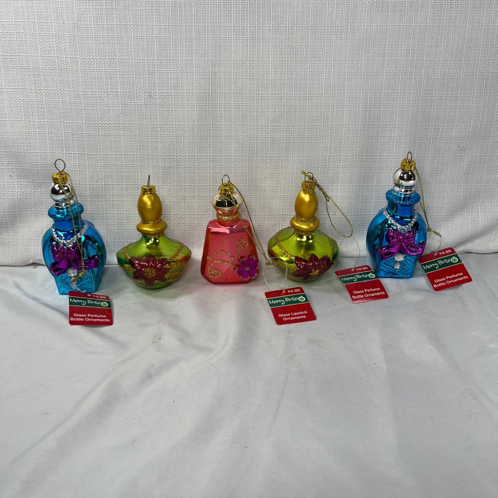 Merry Brite Glass Perfume Bottle Christmas Ornaments Set of 5 Blue Pink Green